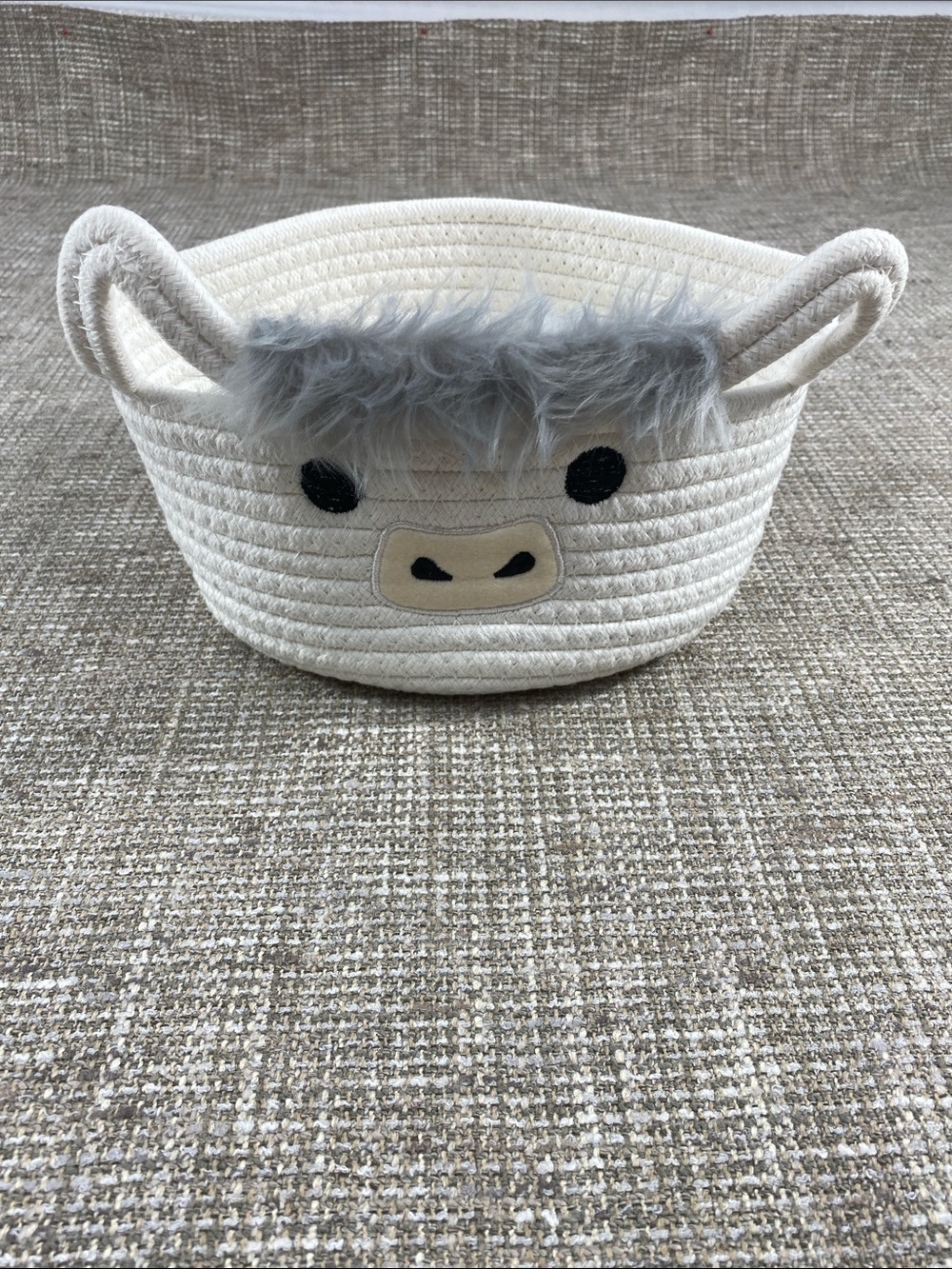 White Rope Storage Basket with Gray Faux Fur Details cute cow